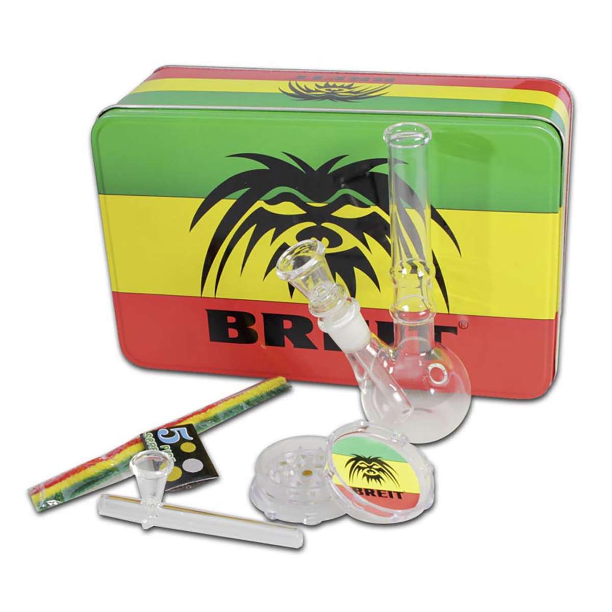 Breit Minibong-Set im Rasta-Koffer – Bong, Grinder & Glaskawumm