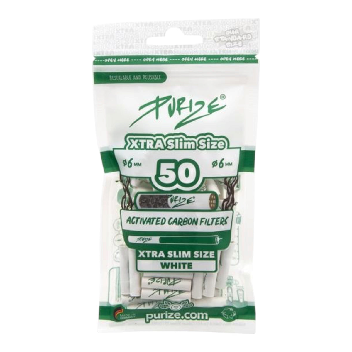 PURIZE® XTRA Slim Aktivkohlefilter – 5,9 mm | 50 Stück Weiß