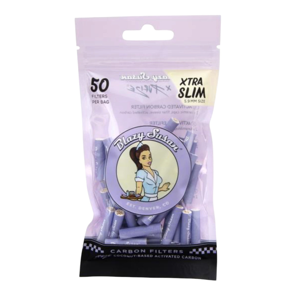 PURIZE® XTRA Slim „Blazy Susan“ Purple Aktivkohlefilter – 5,9 mm | 50 Stück Lila