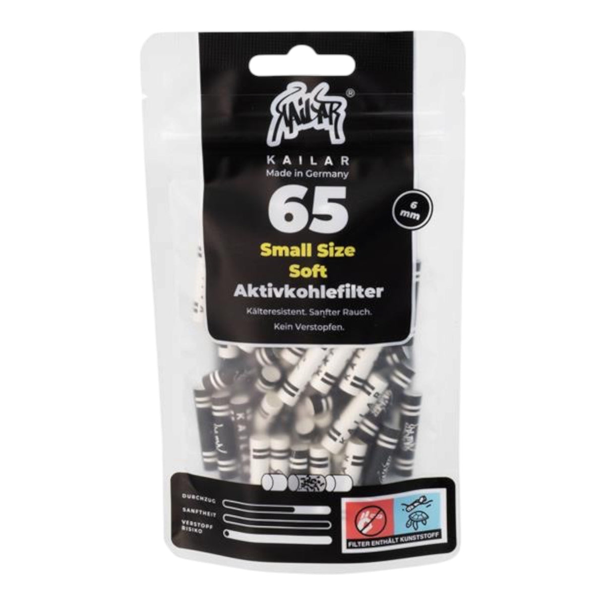 Kailar Cellulose Aktivkohlefilter Slim Schwarz/Weiß – 5,9 mm | 65 Stück
