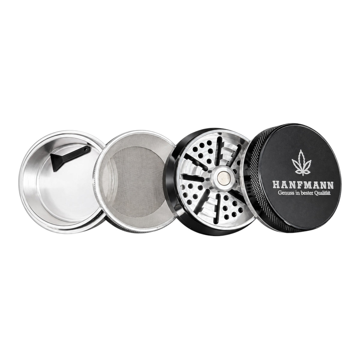 HANFMANN Grinder Schwarz – 4-teilig mit Sieb und Auffangfach