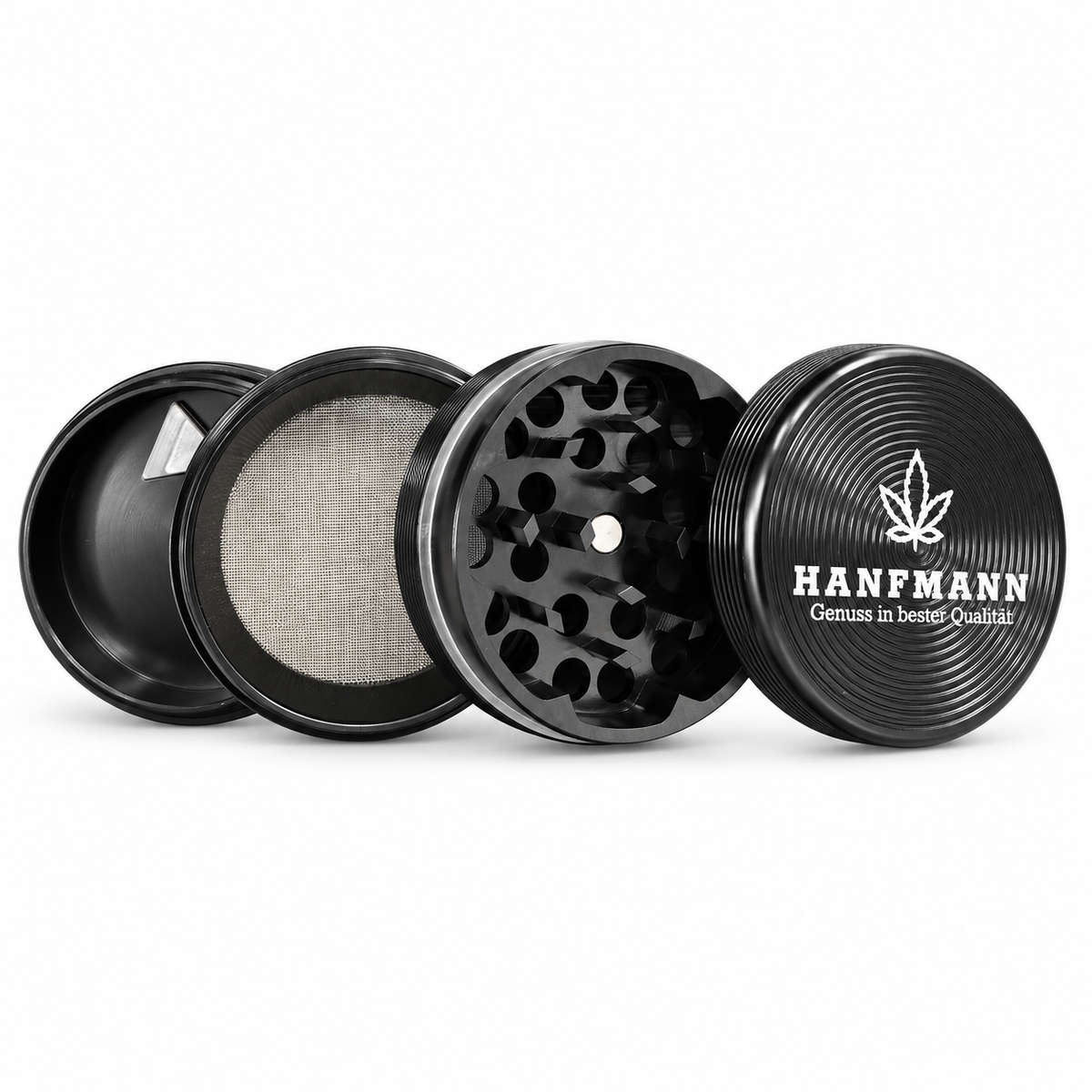 HANFMANN Grinder Schwarz – 4-teilig mit gerilltem Deckel
