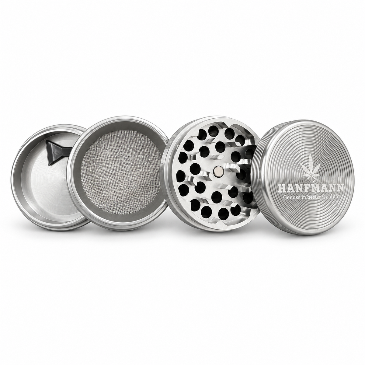 HANFMANN Grinder Silber – 4-teilig mit gerilltem Deckel