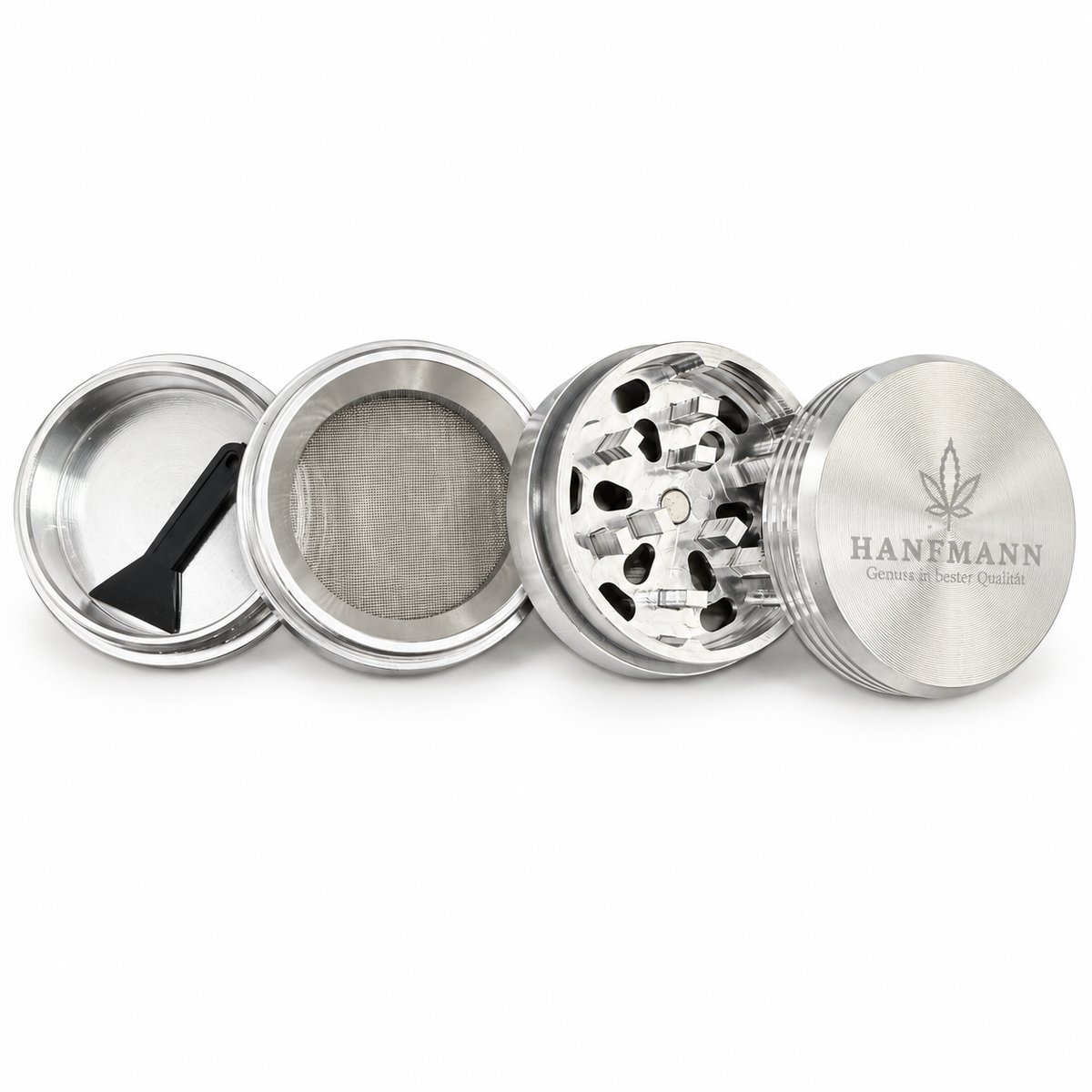 HANFMANN Grinder Silber – 4-teilig mit fein strukturiertem Deckel