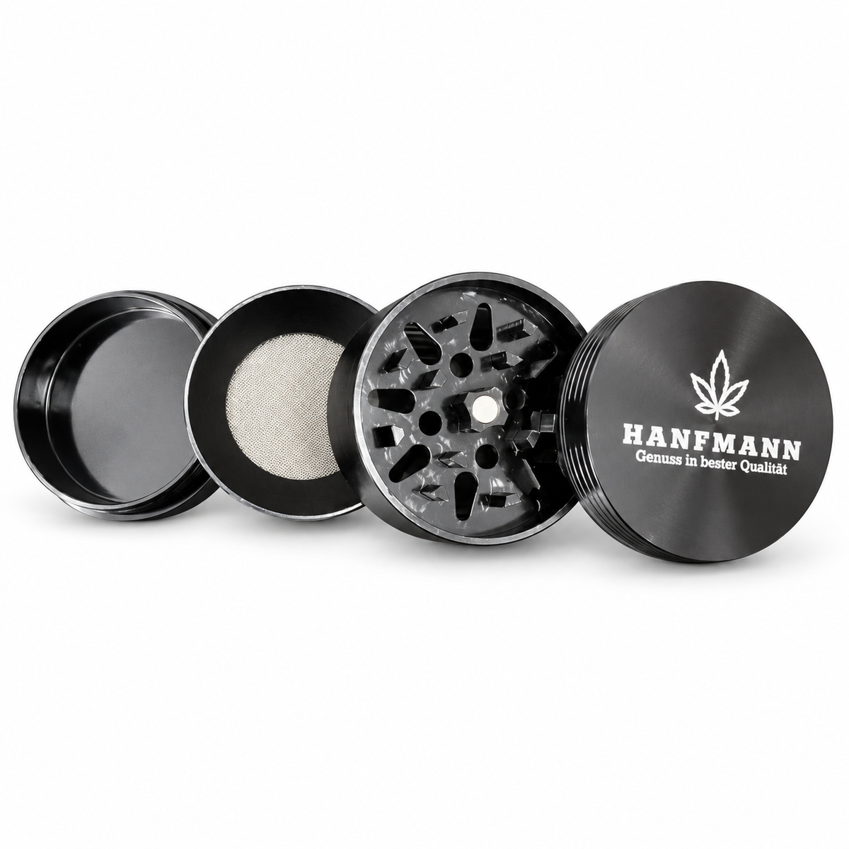 HANFMANN Grinder Schwarz – 4-teilig mit glattem Deckel